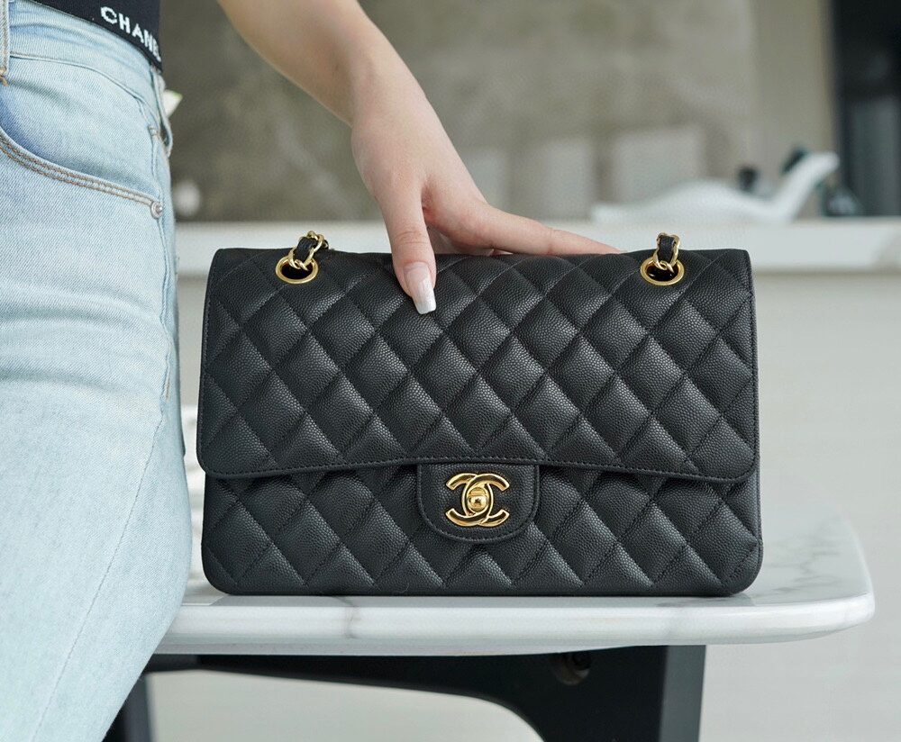 Classic Flap "Classic Lid Bag with Black Gold Fine Ball Pattern 〰️